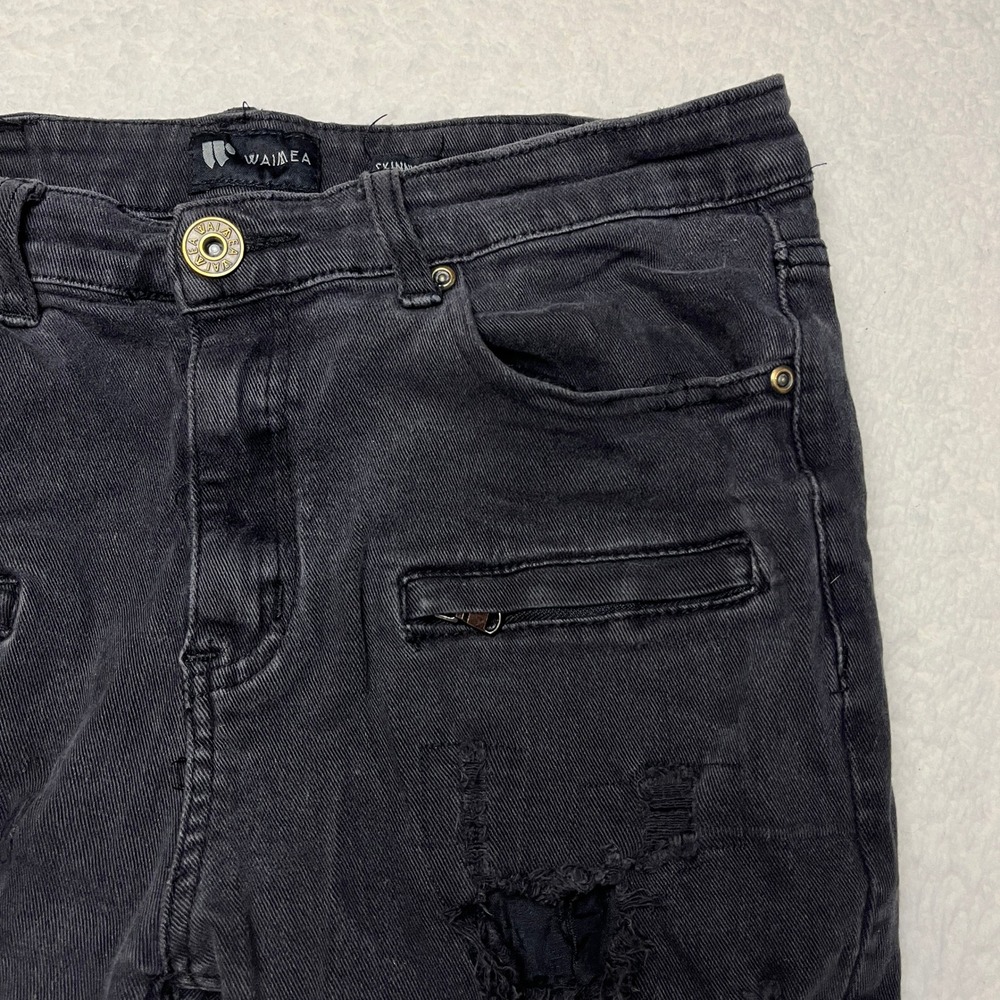 Waimea Mens Skinny Fit Distressed Moto Biker Black Denim Jeans Size 32 3593
